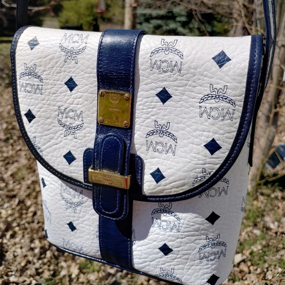 MCM Patricia Monogram Blue White Leather Crossbody Shoulder Bag Laurel Lock